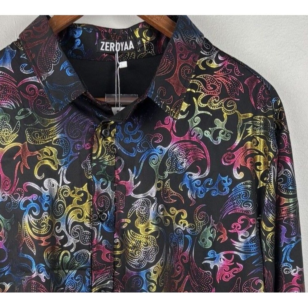 ZEROYAA Men's Metallic On Black Printed XL LongSleeve Button Dress Shirt Rainbow